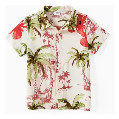 Family Matching Tropical Floral Beach Shirt and Button Strap Midi Dress Sets