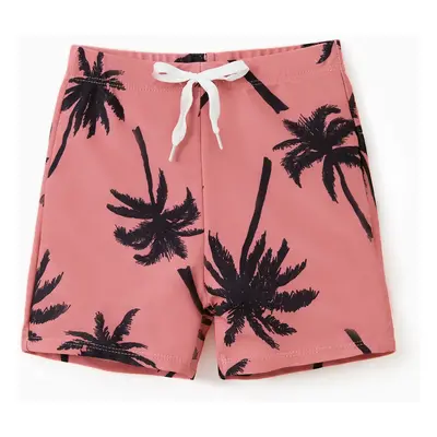 Family Matching All Over Coconut Tree Print Pink Swim Trunks Shorts and Spaghetti Strap One-Piec