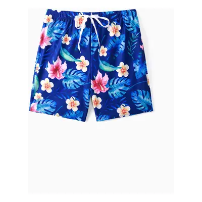 Family Matching Blue Floral Drawstring Swim Trunk or Ruffle Sleeves Bikini