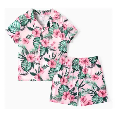 Kid Boy 2pcs Tropical Plants Print Pajama Shirt and Shorts Set