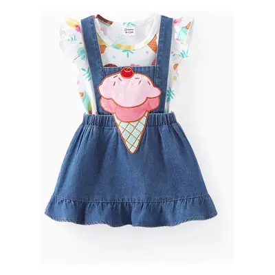 Baby/Toddler Girl 2pcs Ice Cream Print Tee and Embroidery Overall Dress Set