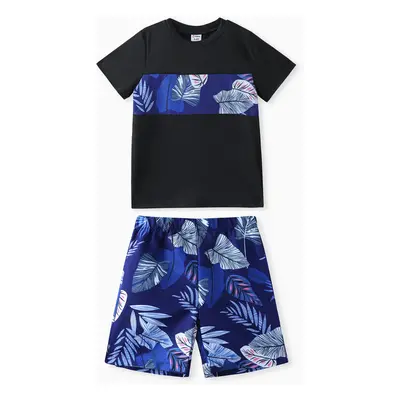 2pcs Kid Boy Tropical Plant Print Short-sleeve Tee and Shorts Set