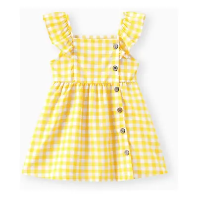 Toddler Girl Button Design Lemon Print/Plaid Flutter-sleeve Dress