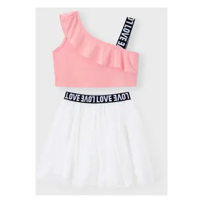 2-piece Kid Girl Letter Print Sleeveless One Shoulder Camisole and Mesh Skirt Set