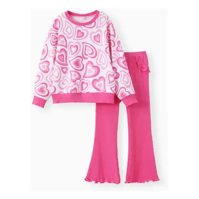 Kid Girl 2pcs Heart Print Sweatshirt and Flared Leggings Set