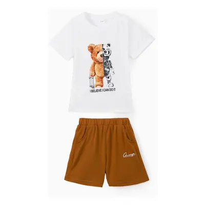 2pcs Toddler Boy Playful Bear Print Short-sleeve Tee and Shorts Set