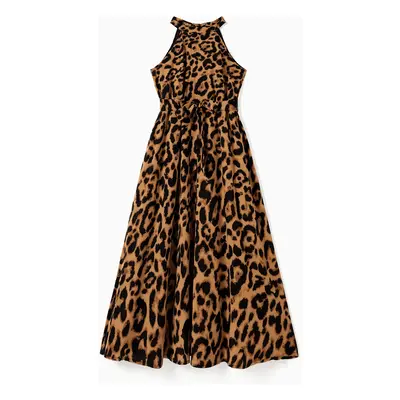 Family Matching Black Tee and Leopard Print High Neck Halter Tie Back Dress Sets