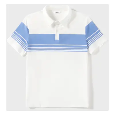 Family Matching Blue Stripe Panel Polo Shirt and Tie Neck Shirred Waist Stripe Strap Dress Sets