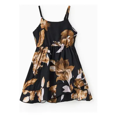 Family Matching Sets Black Floral Shirt or V Neck Irregular Hem Ruffle Trim Strap Dress with Hid