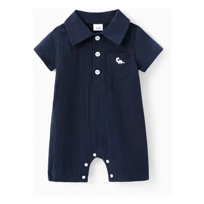 Baby Boy 100% Cotton Front Buttons Pocket with Dinosaur Pattern Lapel Neck Solid Jumpsuit