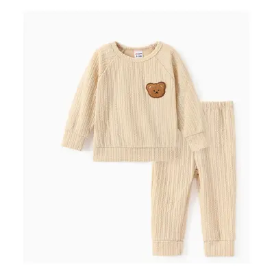 2pcs Baby Girl/Boy Bear Embroidered Textured Top and Pants Set