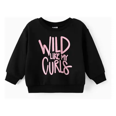 Toddler Girl Letter Print Casual Black Pullover Sweatshirt