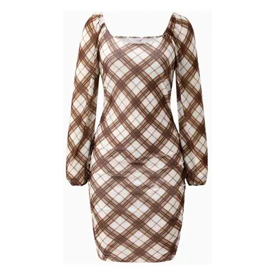 Mommy and Me Chic Long Sleeves Brown Diagonal Plaid Pattern Bodycon Dress