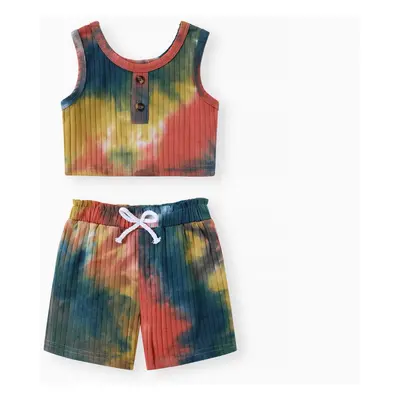 2pcs Toddler Girl Tie Dye Henley Tank Top and Shorts Set