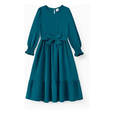 Mommy and Me Ice Silk Crepe Fabric Blue-Green Long Sleeves Wrap Top Ruffle Hem Belted Dress with