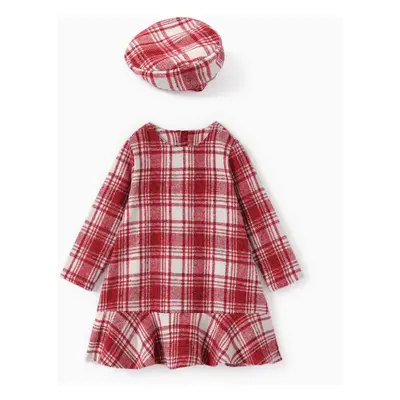 Toddler Girl School Grid Print Ruffled Dress with Hat