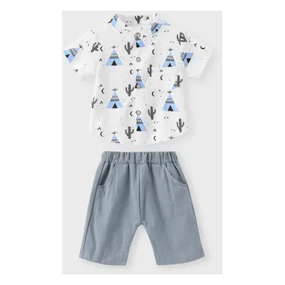 2pcs Baby Boy 95% Cotton Short-sleeve All Over Cactus Print Button Up Shirt and Solid Shorts Set