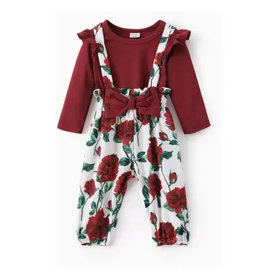 Baby Girl 2pcs Sweet Flutter-sleeve Tee and Floral Print Overalls Set