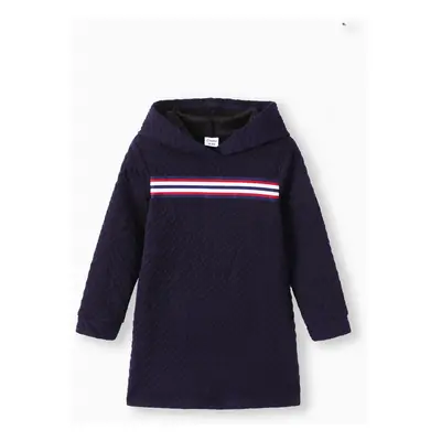 Kid Girl Striped Textured Long-sleeve Hooded Sweatshirt Dress