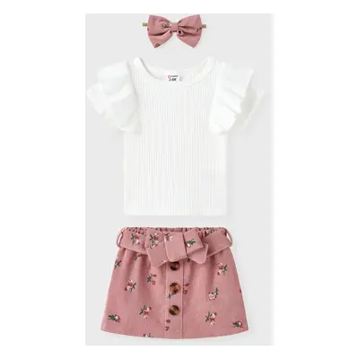 3pcs Baby Girl 95% Cotton Ribbed Ruffle Short-sleeve Tee and Floral Print Belted Skirt & Headban