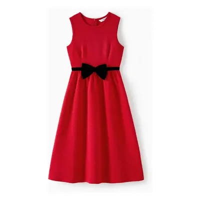 Family Matching Bow Front Red Heart Textured Tank Dresses and Long-sleeve Corduroy Shirts Sets