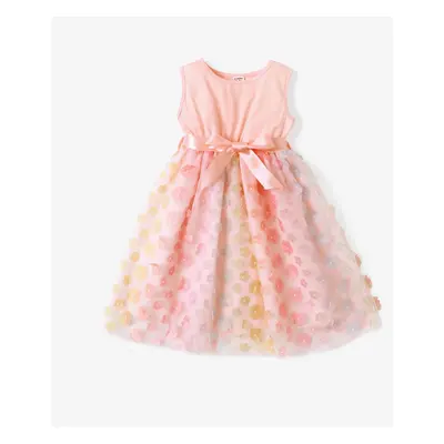 Kid Girl 3D Floral Design Mesh Splice Belted Sleeveless Fairy Dress