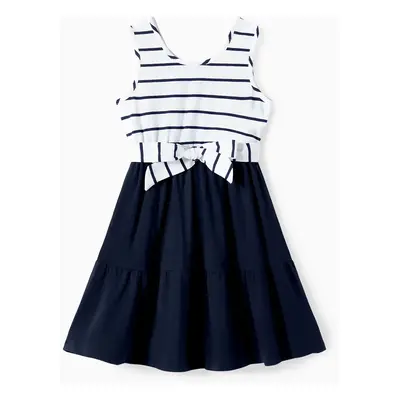 Family Matching Striped Panel Belted Tank Dresses and Cotton Colorblock Short-sleeve T-shirts Se