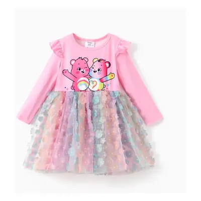 Care Bear Toddler Girl 1pc Character Print Ruffled Long-sleeve 3D Floral/Butterfly Tulle Dress