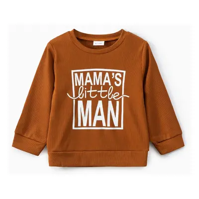 Baby Boy Letter Print Coffee Ribbed Long-sleeve Sweatshirt