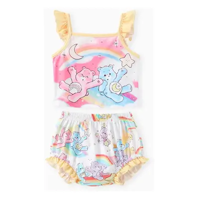 Care Bears Baby Girls 2pcs Rainbow Striped Heat Print Flutter-sleeve Top with Diaper Cover Set