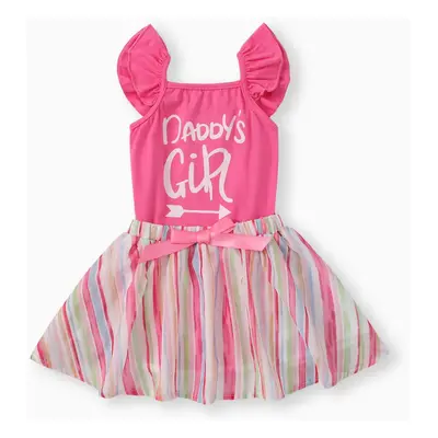 Baby Girl 2pcs Letter Print Romper and Striped Skirts Set