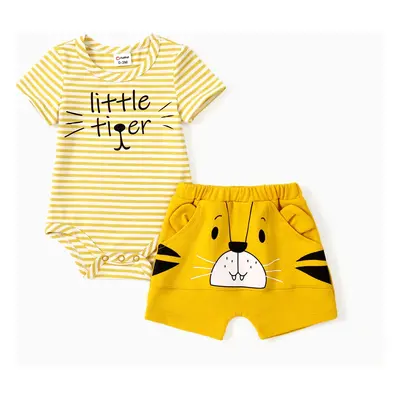 Baby Boy 2pcs Childlike Striped Romper and Tiger/Bear 3D Design Shorts Set