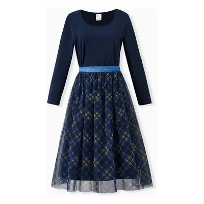 Mommy and Me Blue Co-ord Sets Long Sleeves Top and Plaid Mesh Tulle Skirt