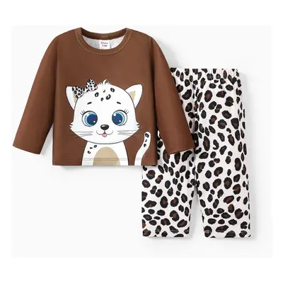 Baby Girl 2pcs Cat Print Flame Resistant Pajamas Set