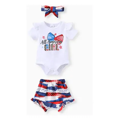 Baby Girl Independence Day 3pcs Letter Print Romper and Ruffled Shorts with Headband Set