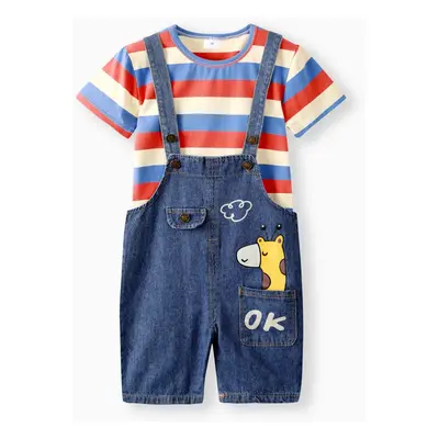 2pcs Baby Boy/Girl 95% Cotton Short-sleeve Striped Tee and Cartoon Giraffe Print Denim Overalls 