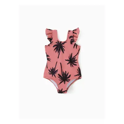 Family Matching All Over Coconut Tree Print Pink Swim Trunks Shorts and Spaghetti Strap One-Piec