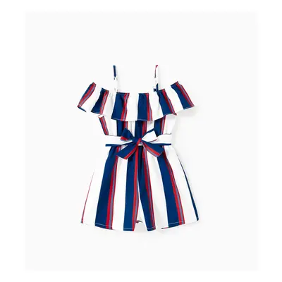 Mommy and Me Off Shoulder Ruffle Trim Vertical Stripe Romper