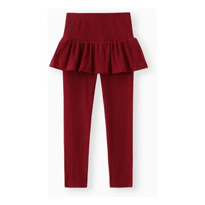 Kid Girl Ribbed Ruffled Solid Color Skirt Leggings