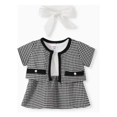 Baby Girl 3pcs Houndstooth Print Cardigan and Dress with Headband Set