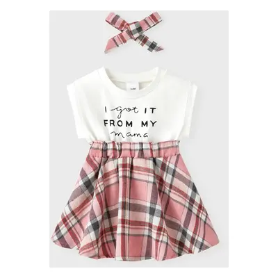 2pcs Baby Girl 95% Cotton Letter Print Sleeveless Spliced Plaid Dress & Headband Set