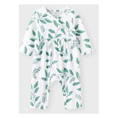 Baby Girl All Over Leaves Print Long-sleeve Snap-up Jumpsuit