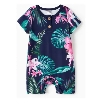 Family Matching Floral Panel Tee and Flower Pattern Ruffle Hem Strap Dress Sets