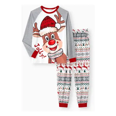 Matching Couple Outfits Christmas Pajamas Raglan Sleeves Cartoon Reindeer Graphic Allover Patter