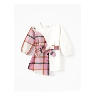 Baby Girl Plaid Buttons Belted Long-sleeve Dress