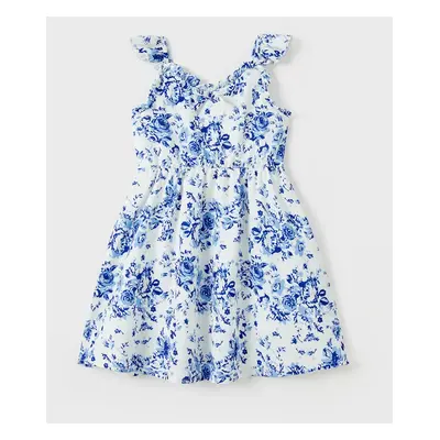 Mommy and Me Blue Floral Ruched Bust Tie Neck Flutter Trim Silky Satin Strap Dresses