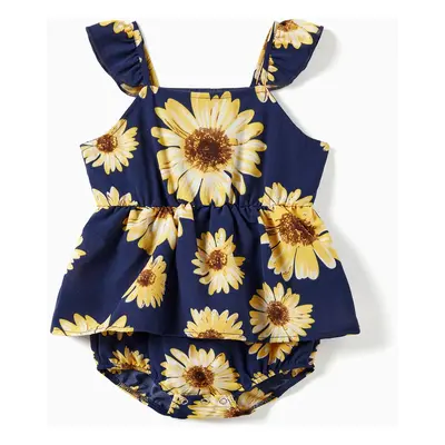 Family Matching Solid Color Tee and Sunflower Pattern Button Belted Flowy Strap Dress Sets