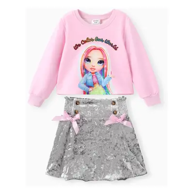 Rainbow High Toddler/Kid Girl 2pcs Ruby/Amaya Character Long-sleeve Top And Velvet Bowknot Skirt