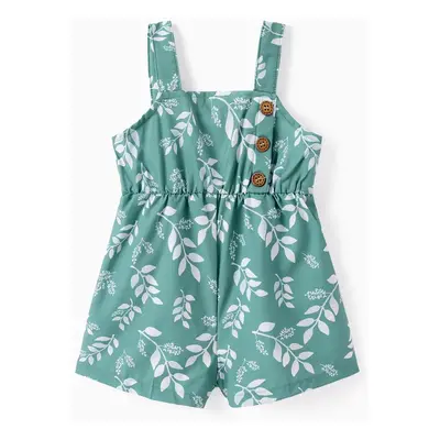 Toddler Girl Leaf Print Button Design Strap Romper