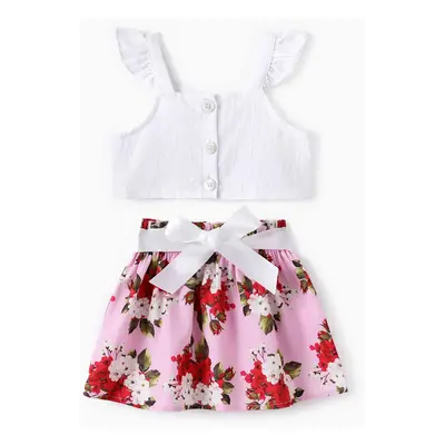 Baby Girl 2pcs Sweet Flutter-sleeve Crop Top and Floral Print Skirt Set